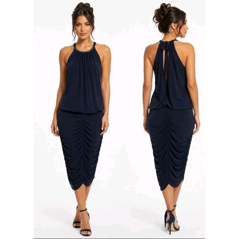 Vtg Cache Womens 8 Y2K Halter Dress Draped Blouson Bodice Cocktail Navy Blue